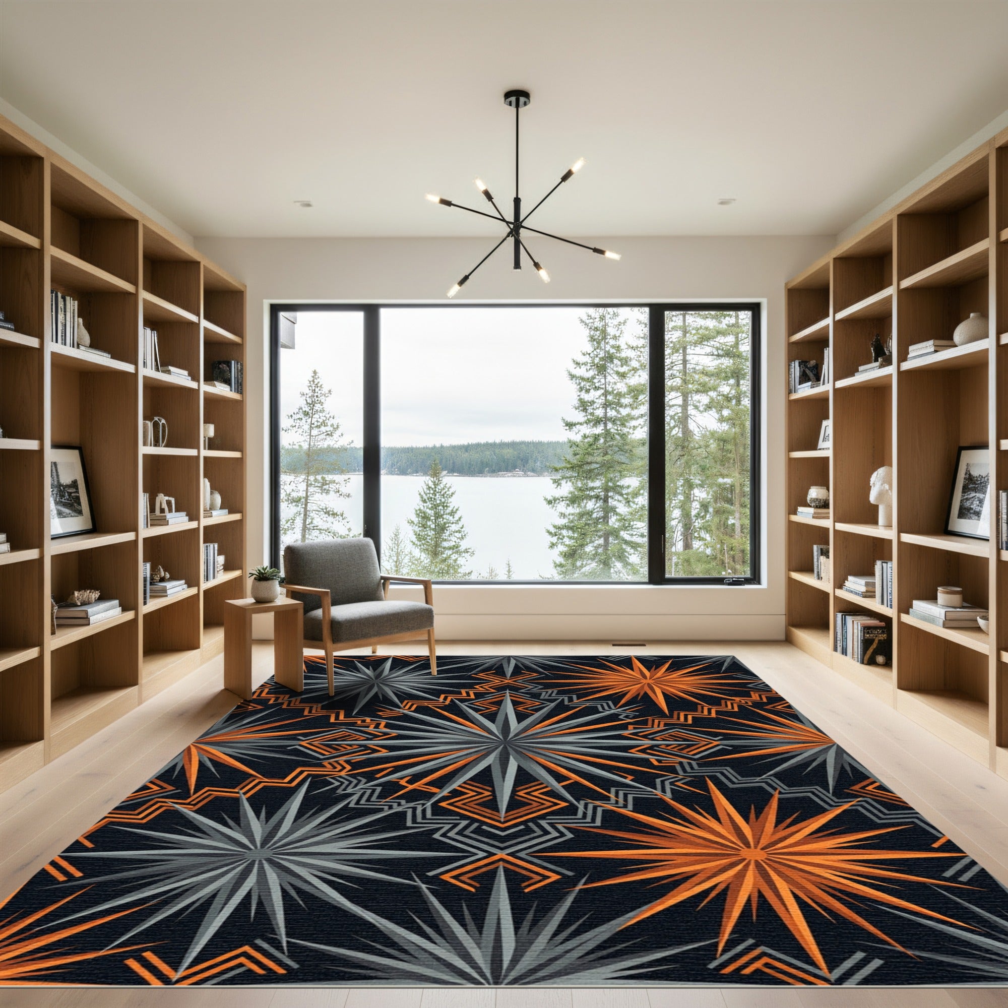 Sharp Orange Gray Starburst Geometric Rug