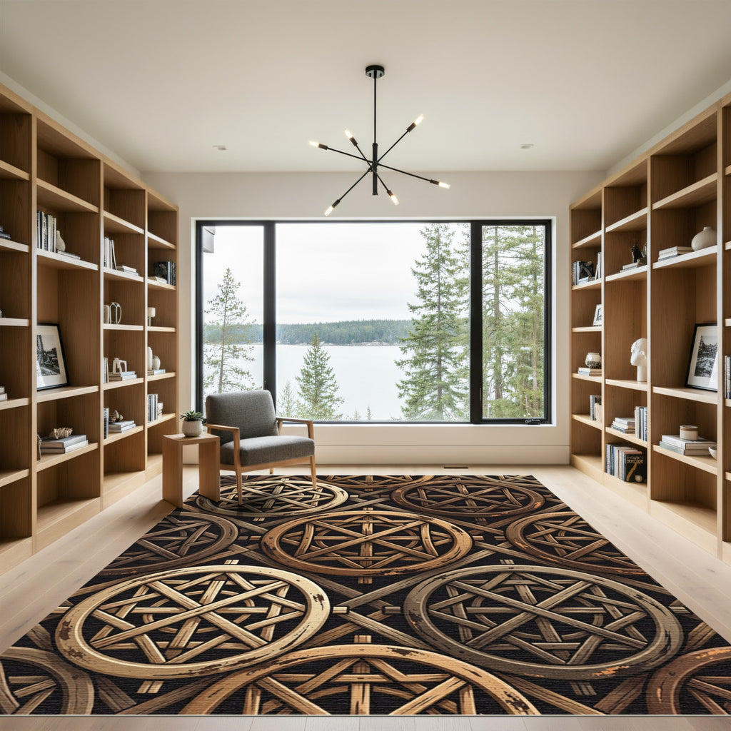 Rustic Bronze Interlocking Wooden Wheel Rug