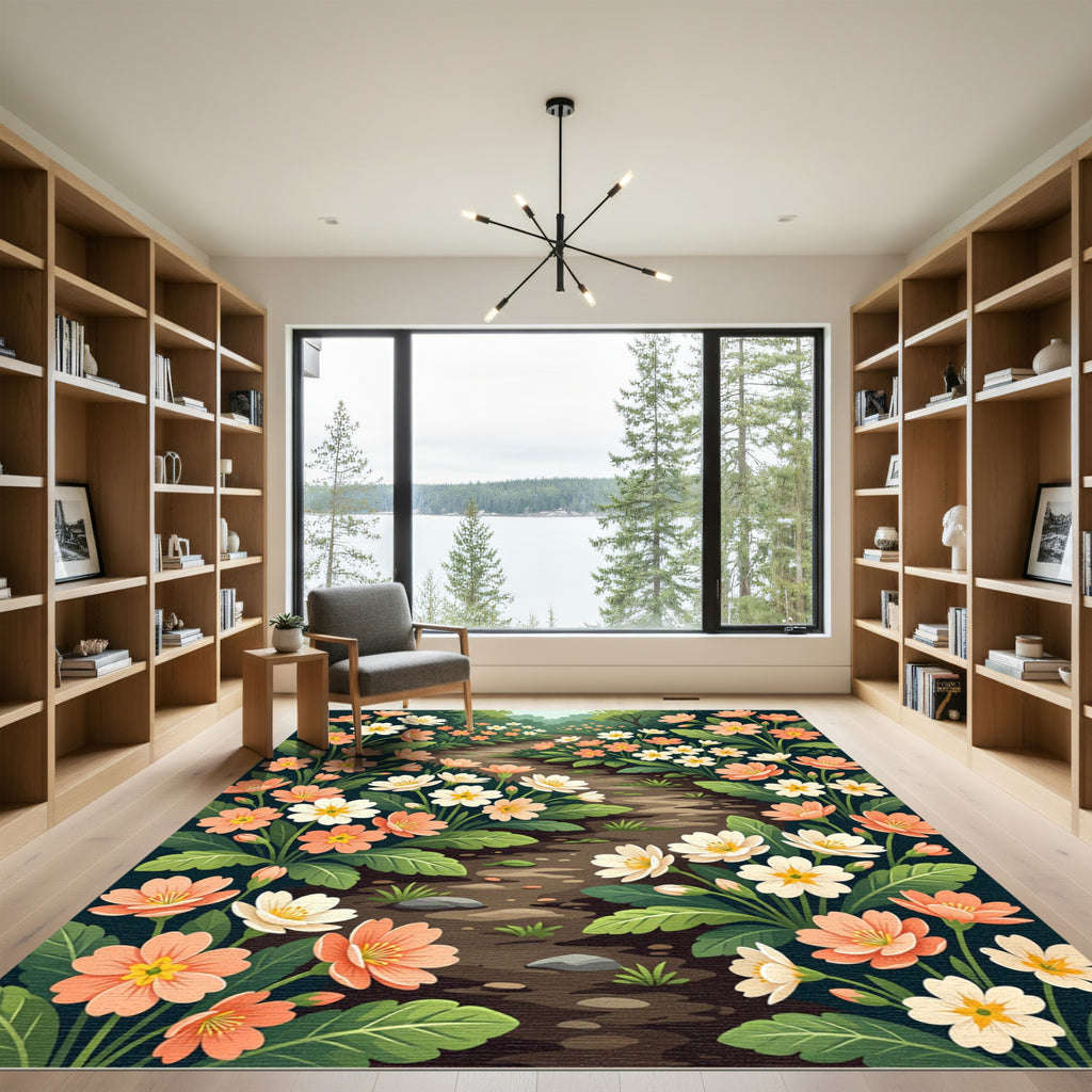 Whimsical Peach White Floral Garden Path Rug
