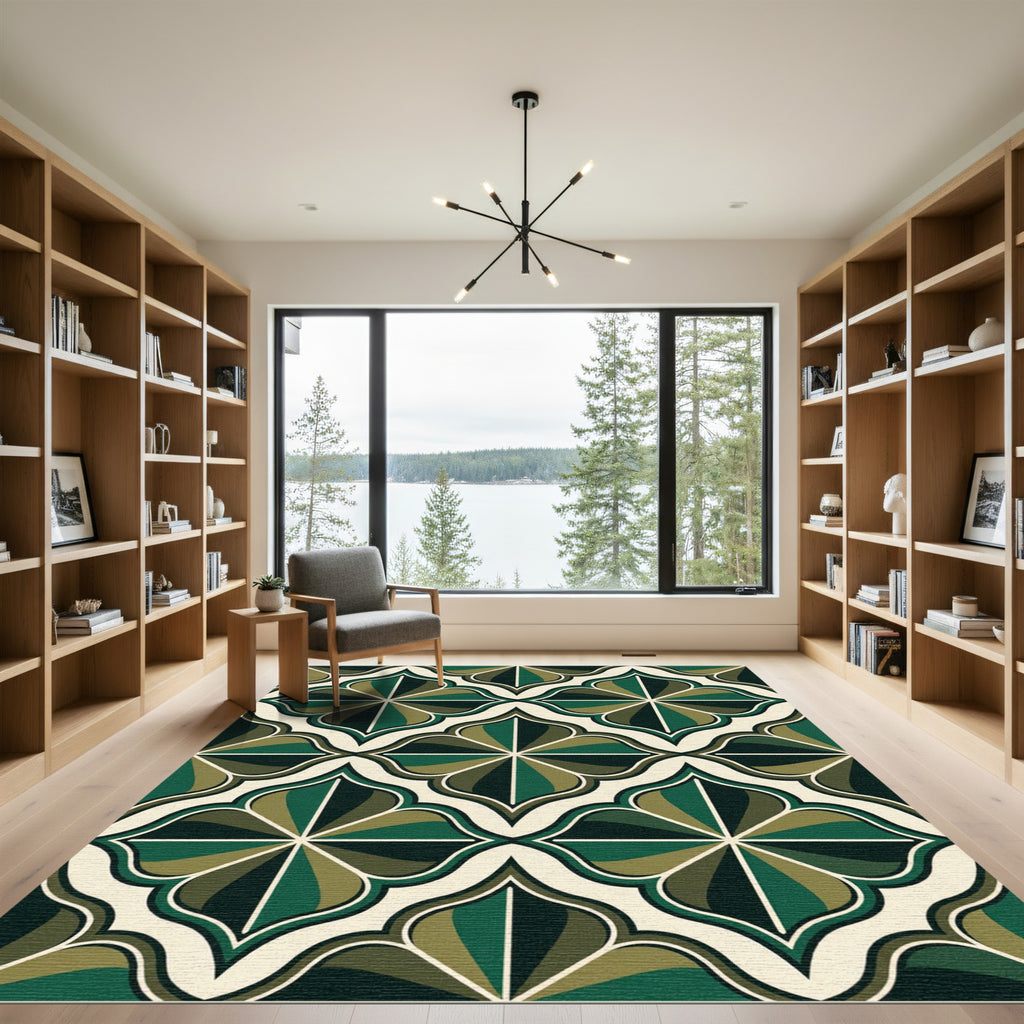 Green and White Quatrefoil Medallion Rug