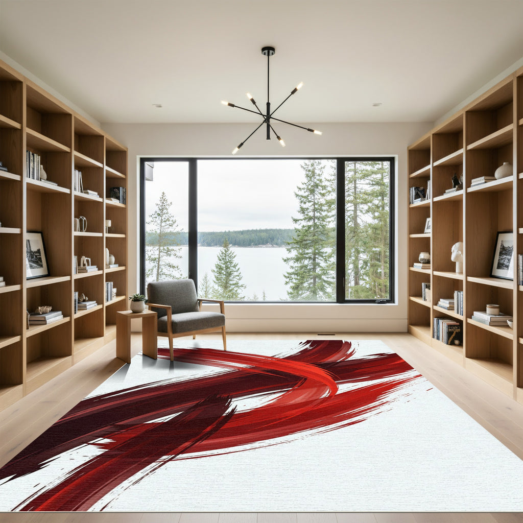 Bold Crimson Abstract Fluid Strokes Rug