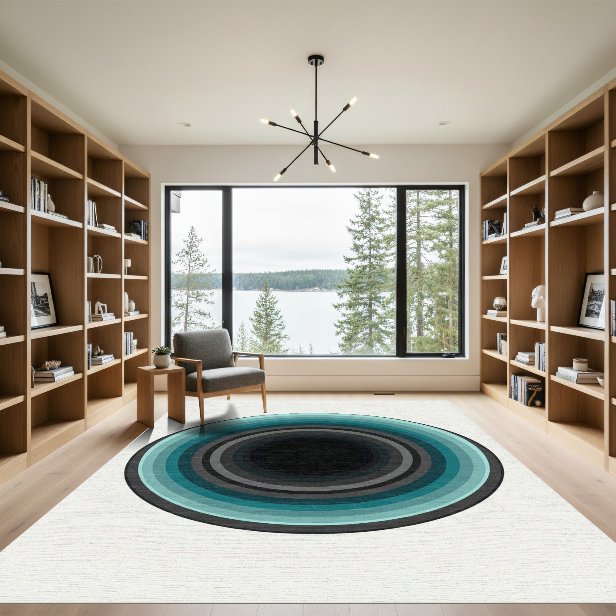 Teal and Charcoal Concentric Circle Art Rug