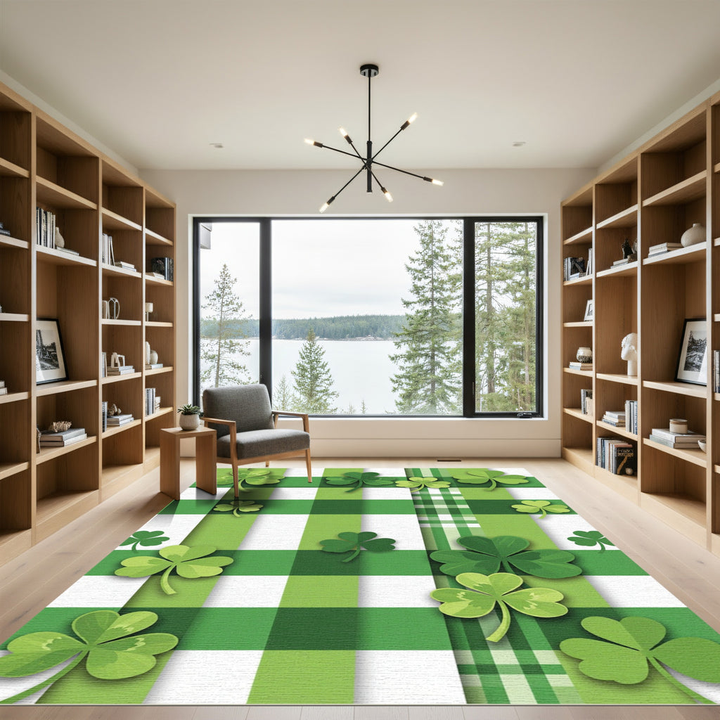 Green White Plaid Clover Patch Rug