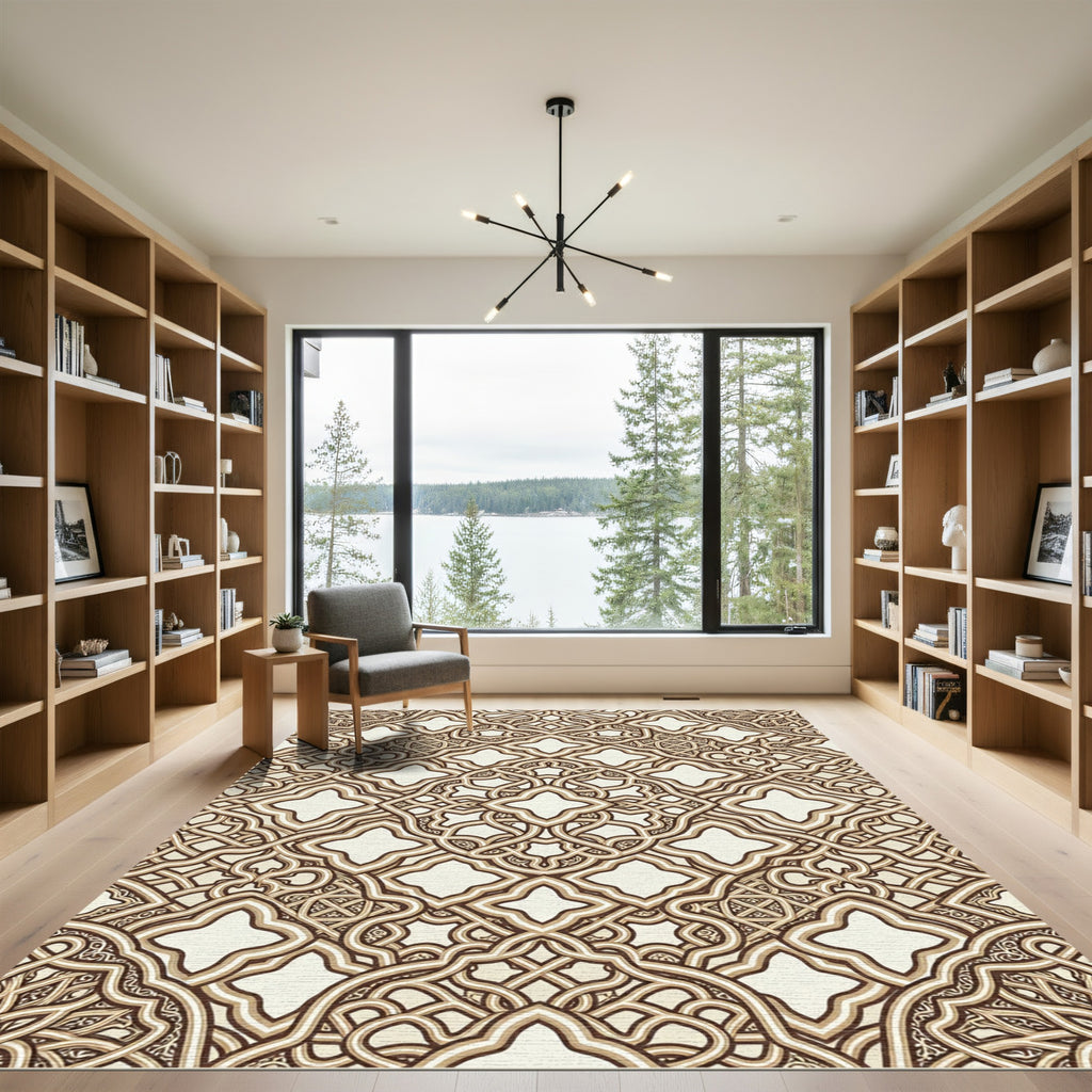 Intricate Beige Cream Interlocking Lattice Rug
