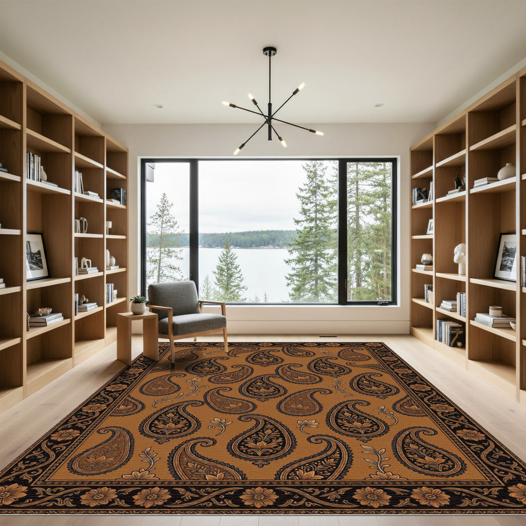 Rich Brown Paisley Floral Border Rug