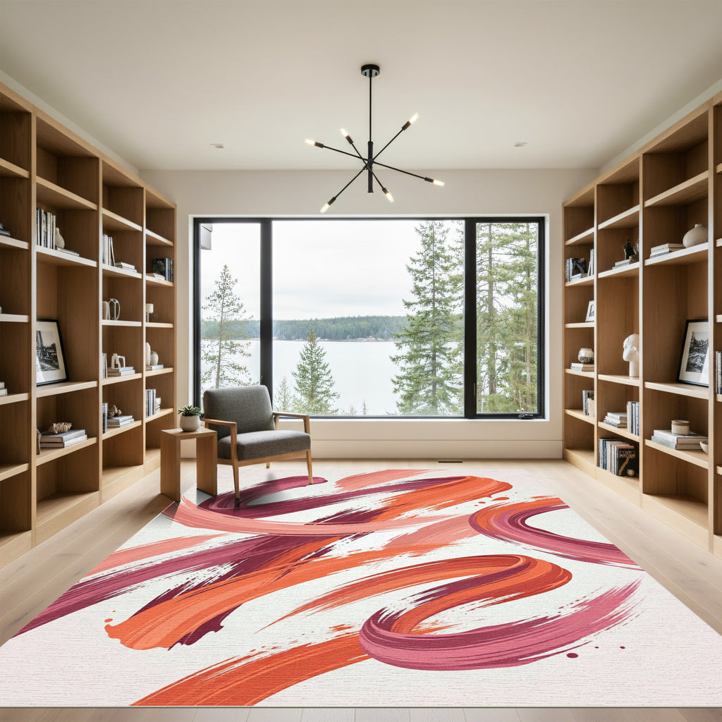 Abstract Coral And Burgundy Swirl Rug