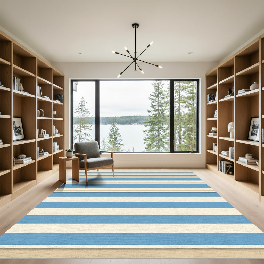 Modern Blue and Cream Striped Rug