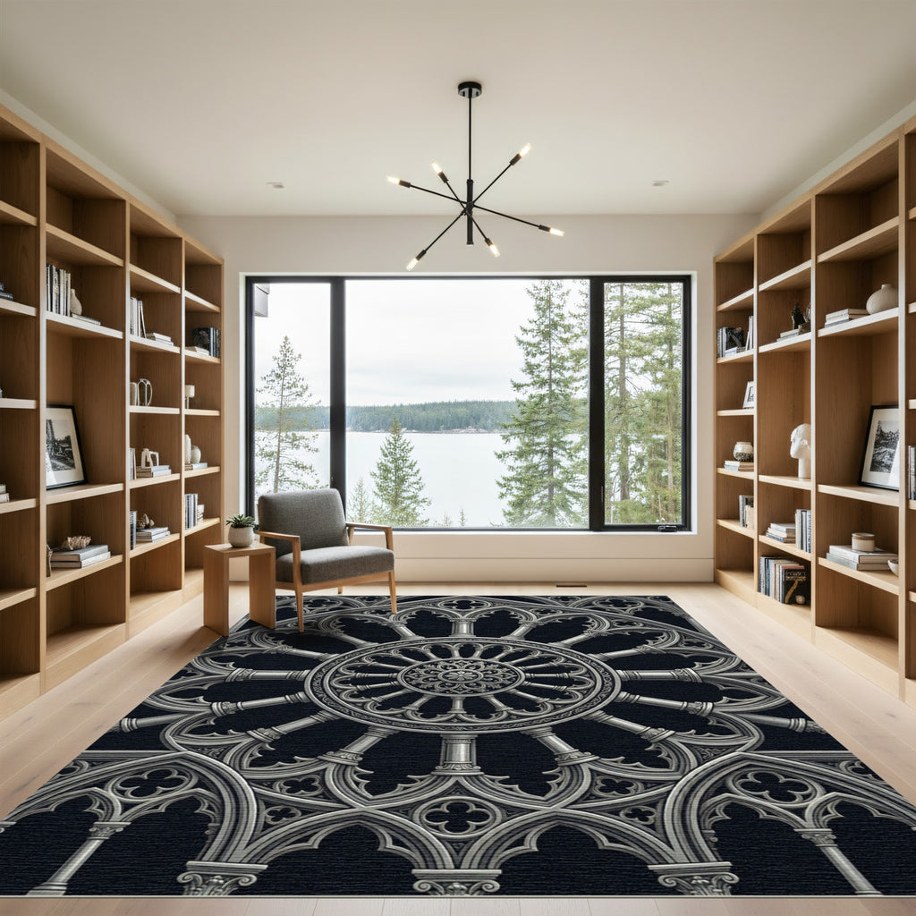 Monochromatic Gothic Circular Architectural Wheel Rug