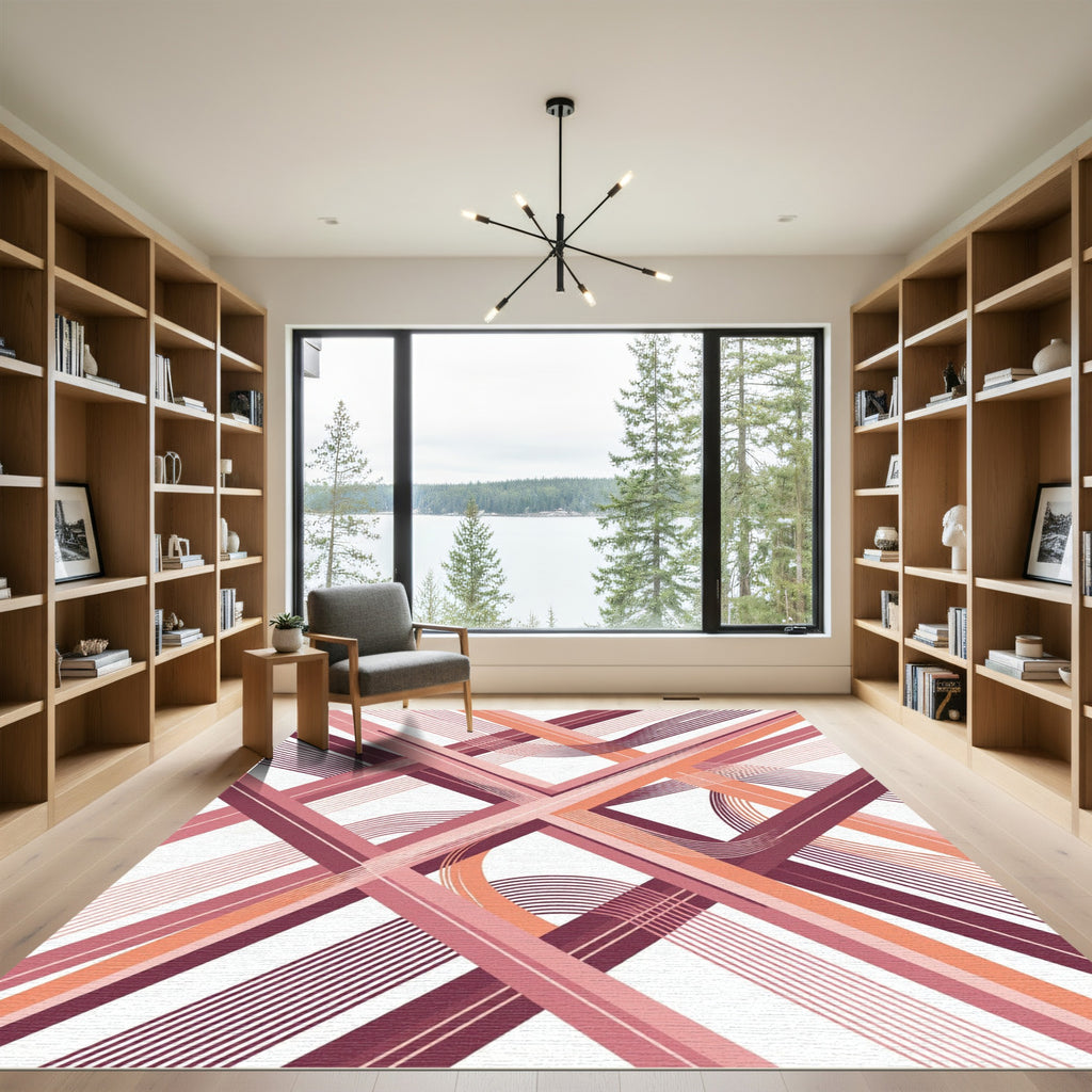 Geometric Coral and Plum Intersecting Lines Rug