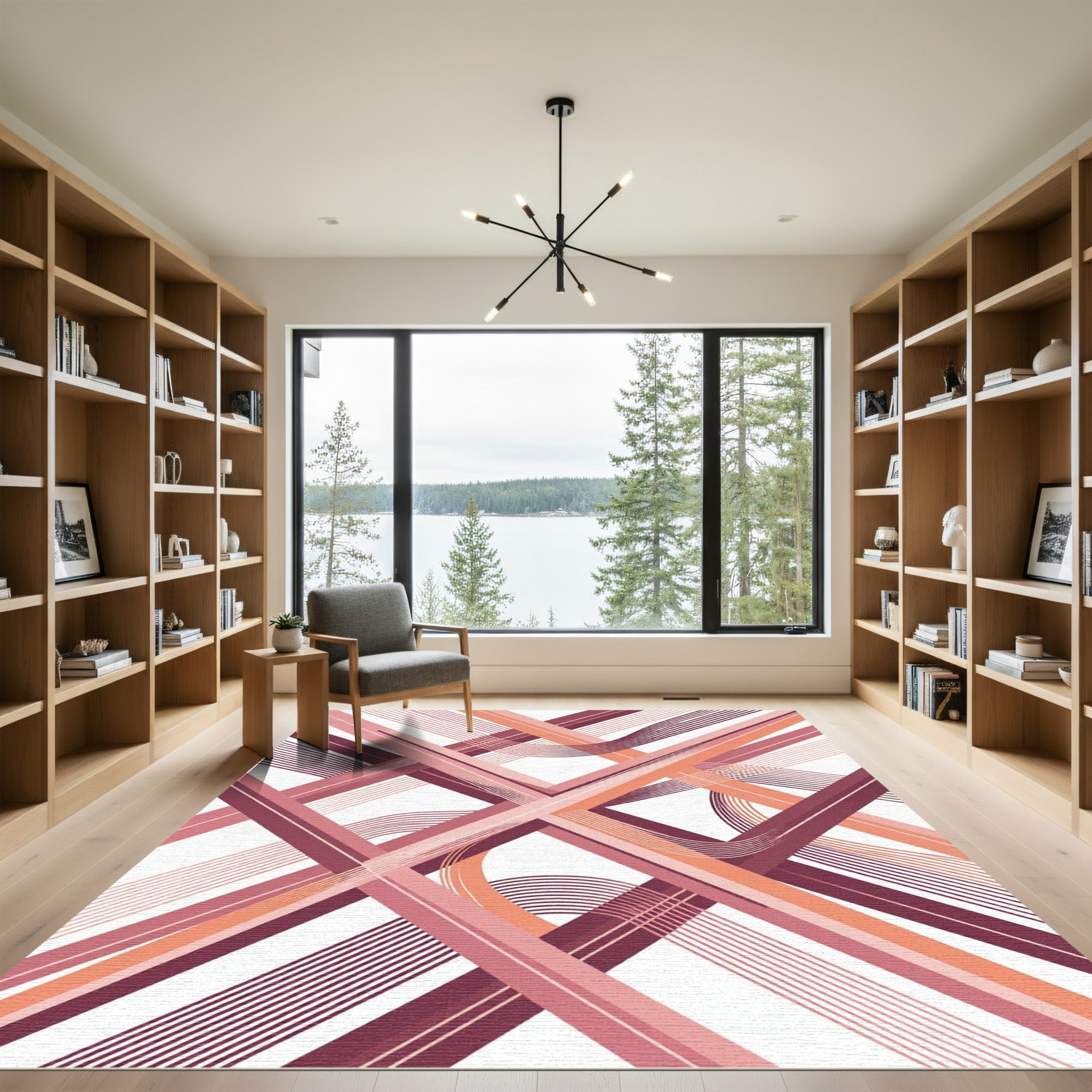 Geometric Coral and Plum Intersecting Lines Rug