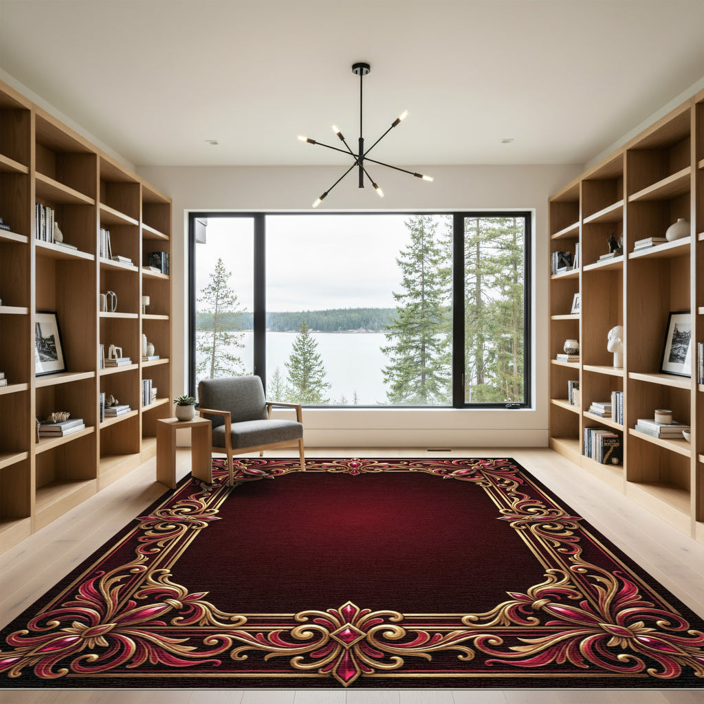 Ornate Crimson Gold Filigree Frame Rug