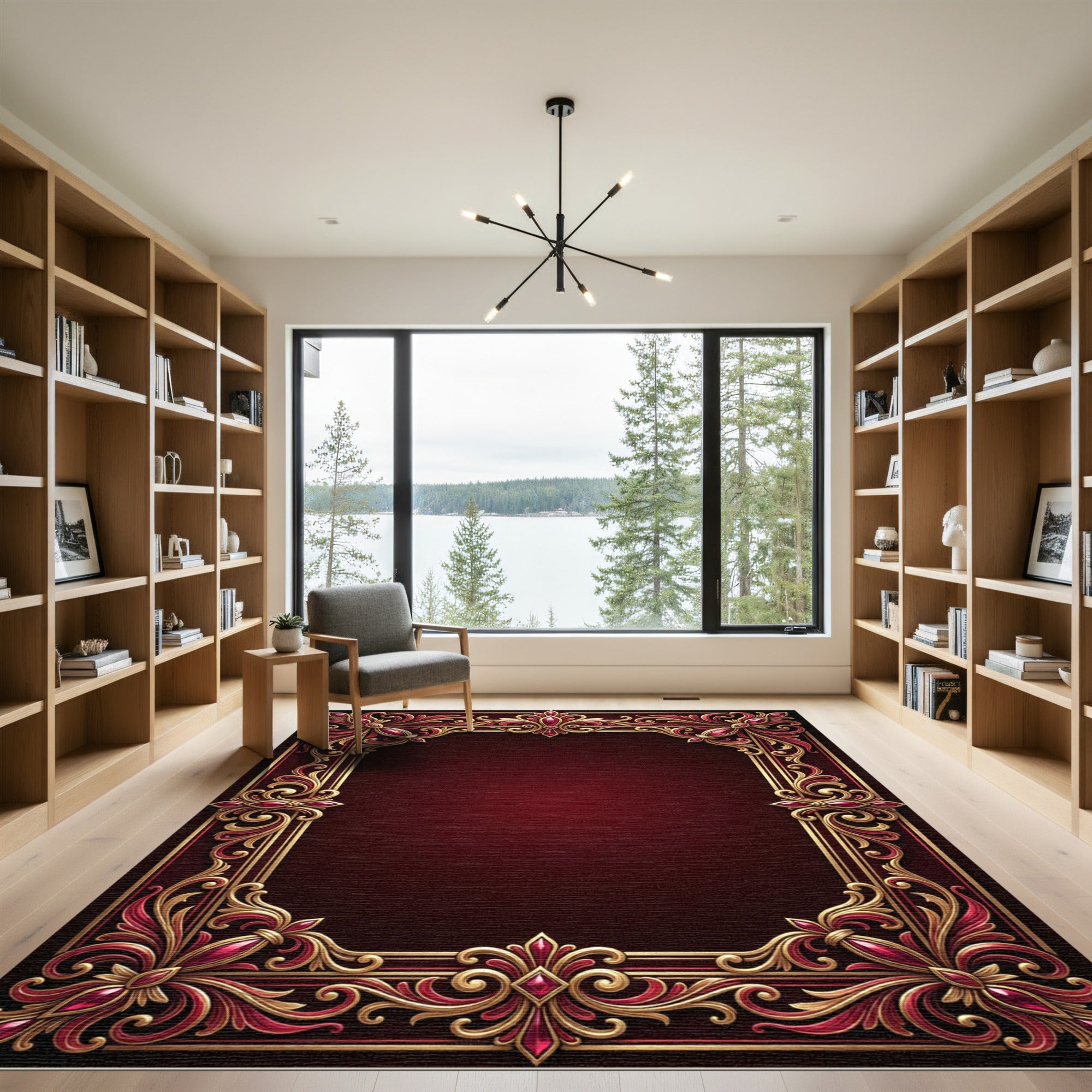 Ornate Crimson Gold Filigree Frame Rug