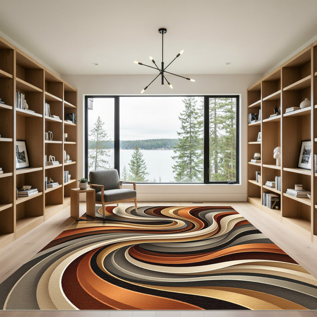 Abstract Golden Brown Flowing Wave Rug