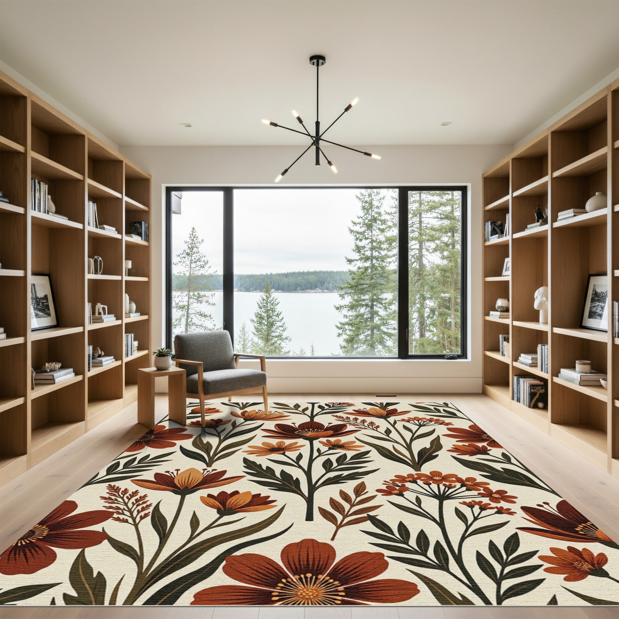 Terracotta Autumn Floral Botanical Illustration Rug