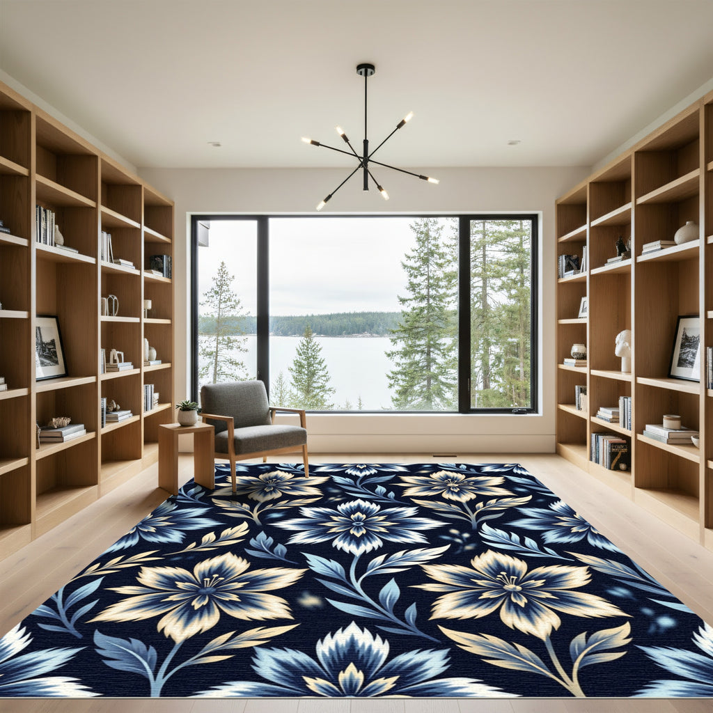 Navy Blue Cream Floral Vine Rug