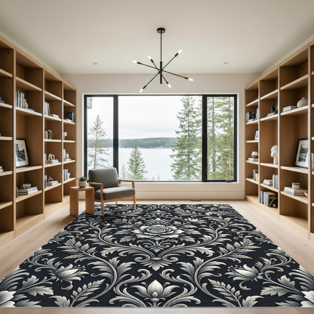 Monochromatic Black Floral Scroll Rug