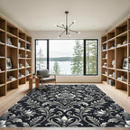 Monochromatic Black Floral Scroll Rug