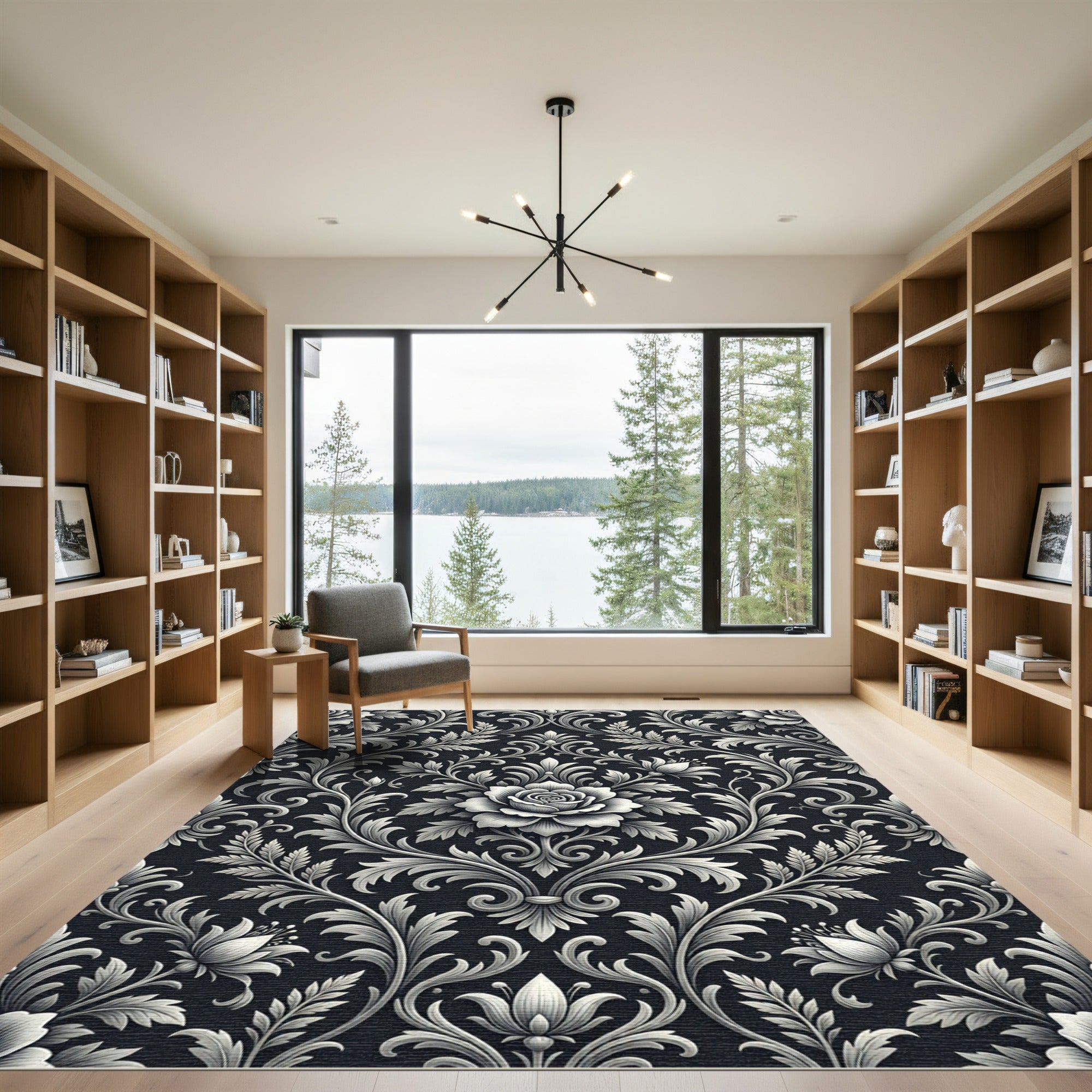 Monochromatic Black Floral Scroll Rug