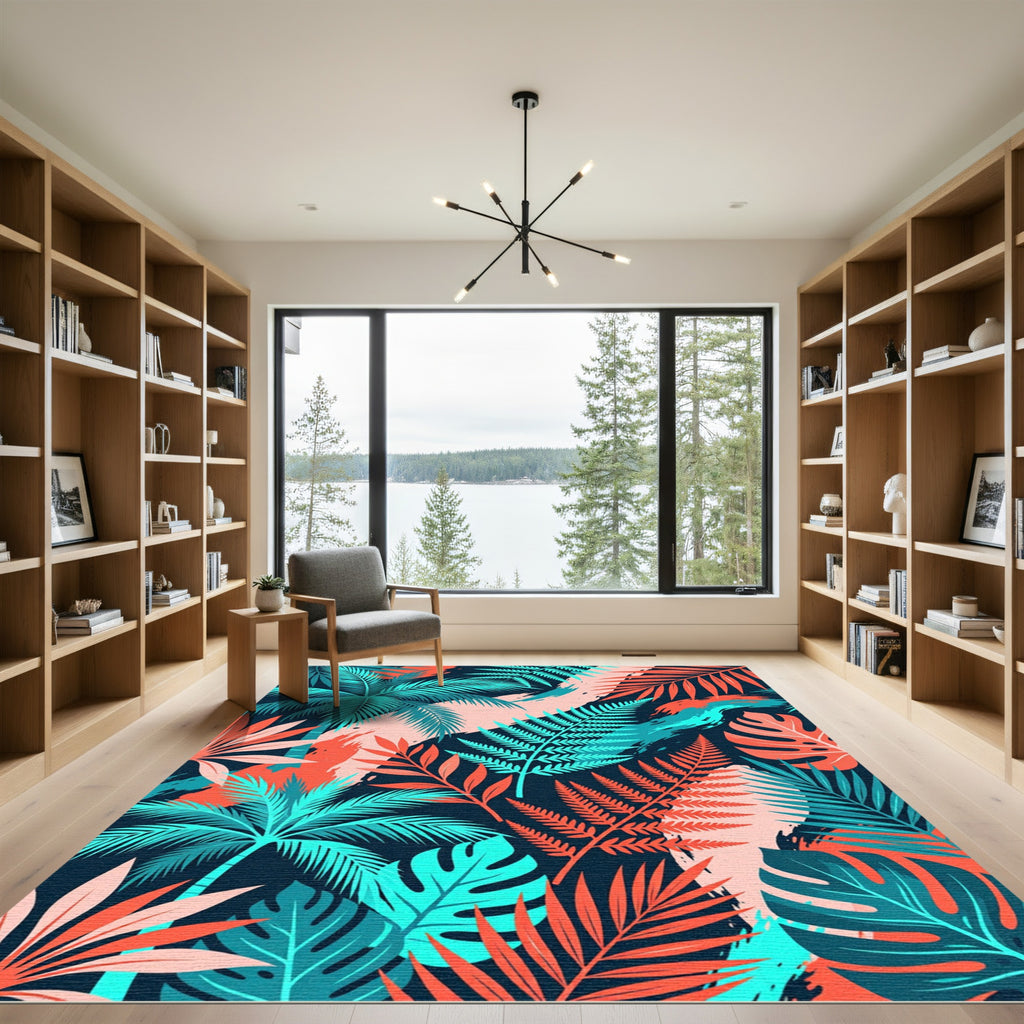 Coral Teal Tropical Palm Frond Rug