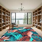 Coral Teal Tropical Palm Frond Rug