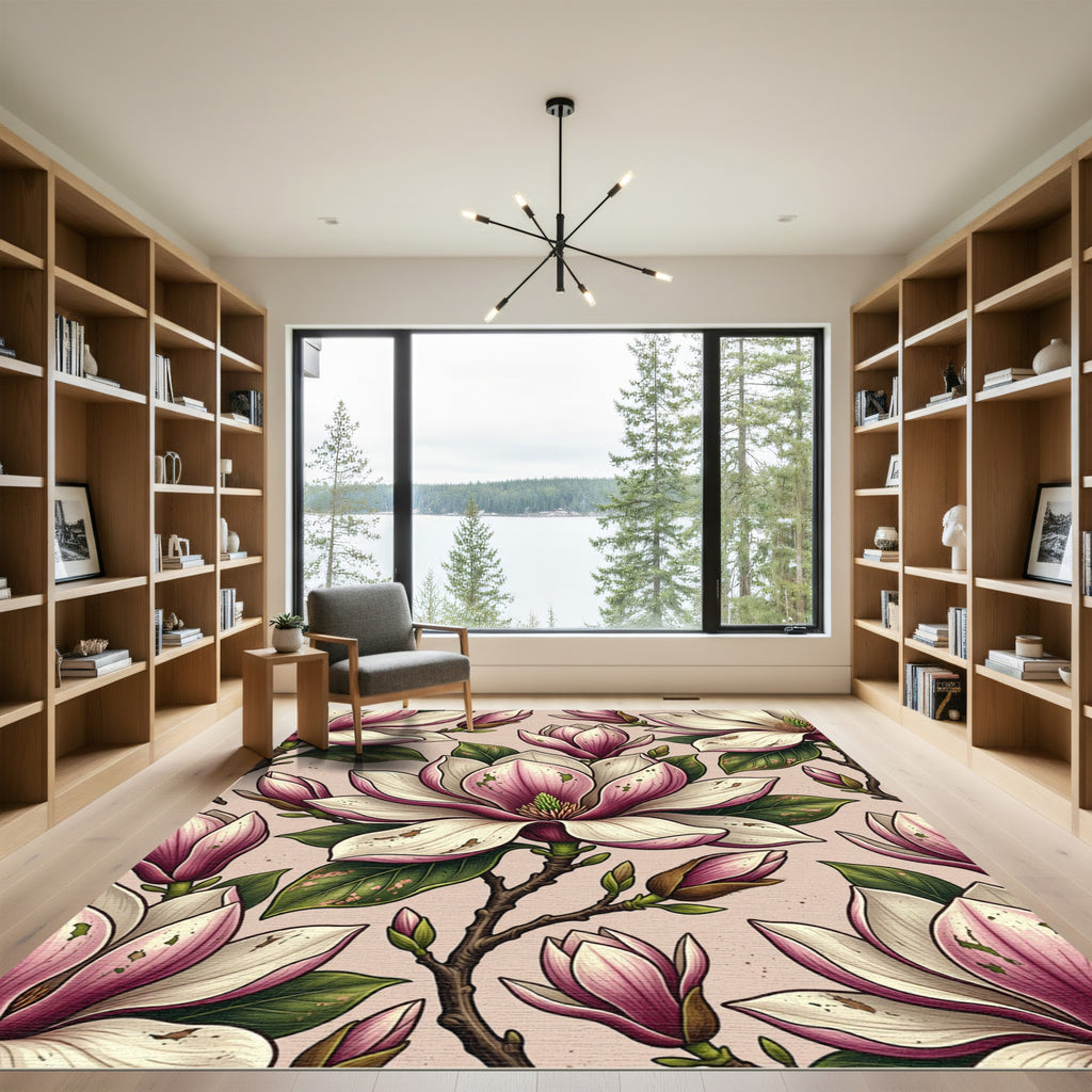 Elegant Pink Magnolia Botanical Illustration Rug