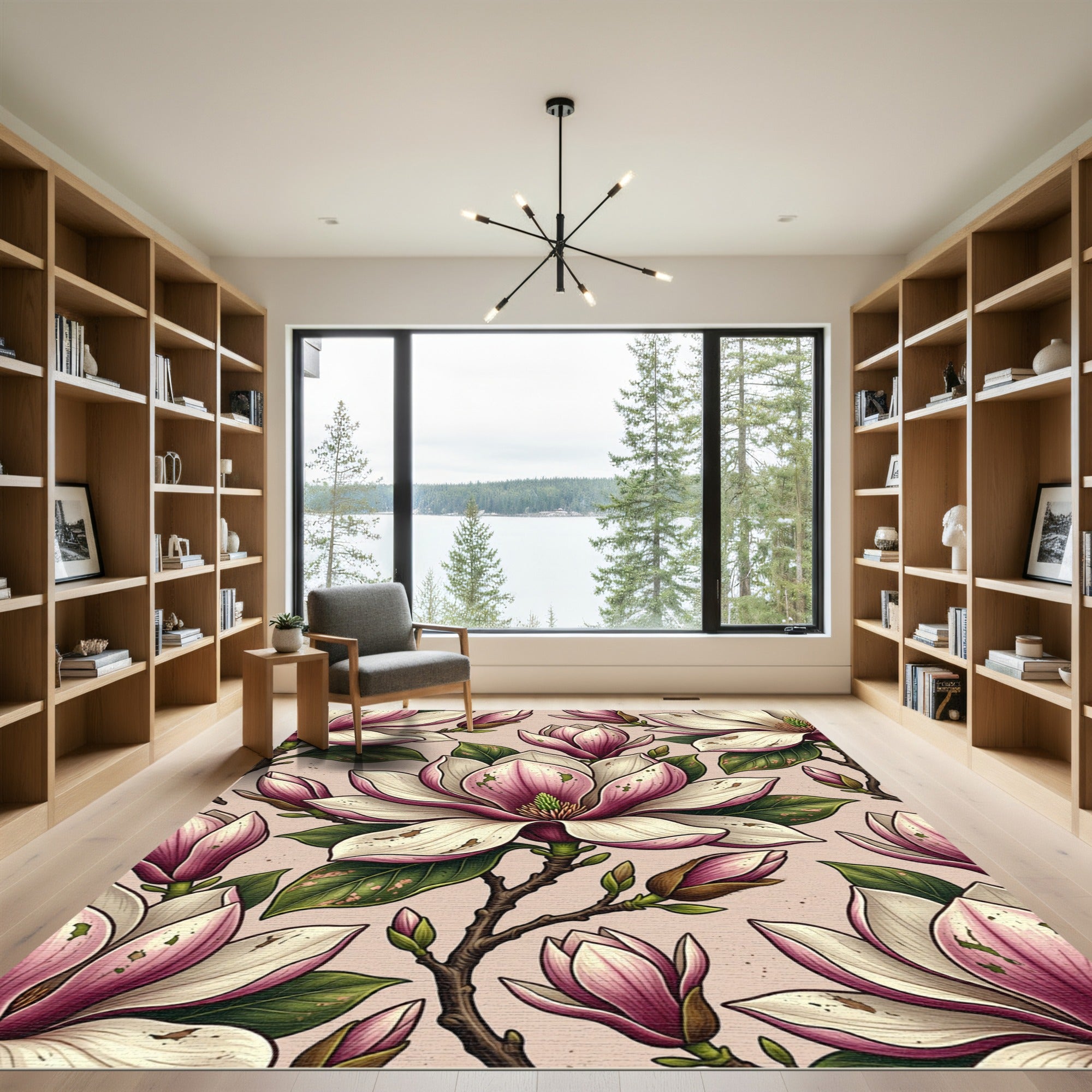 Elegant Pink Magnolia Botanical Illustration Rug
