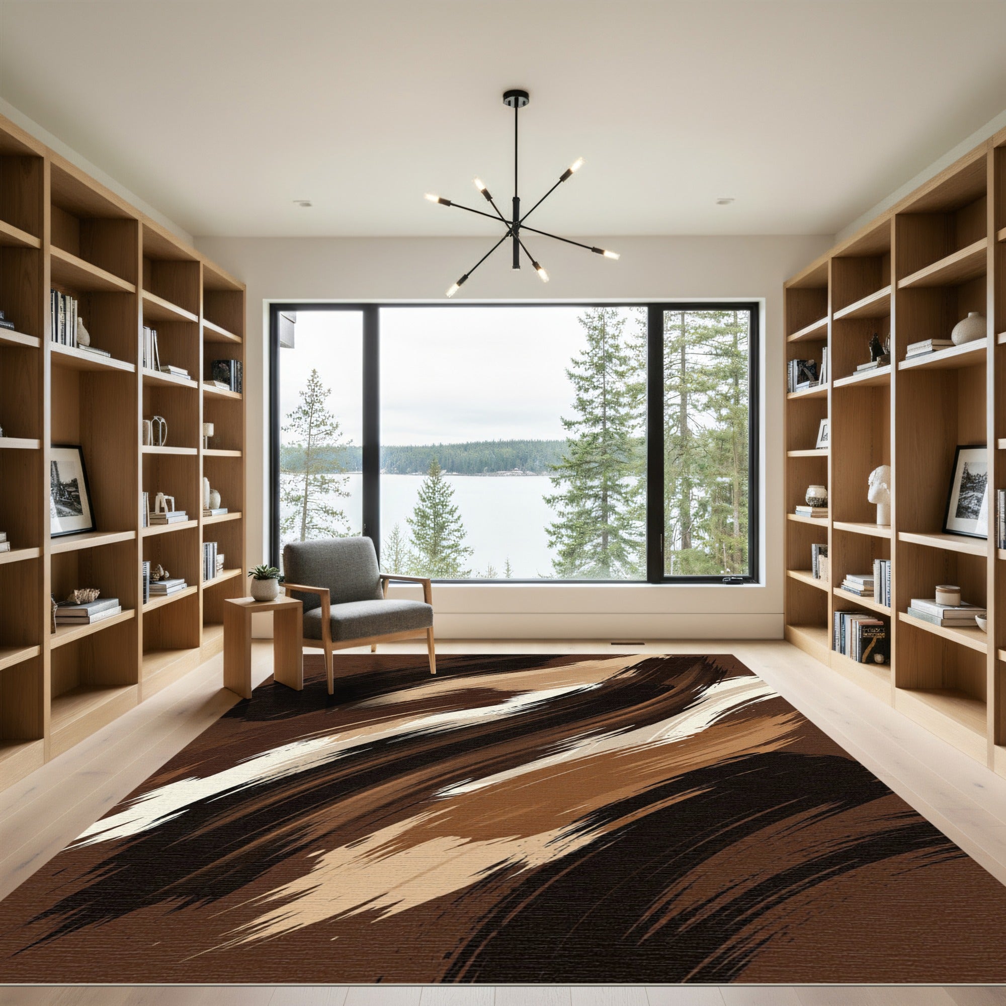 Earthy Brown Abstract Brushstroke Wave Rug