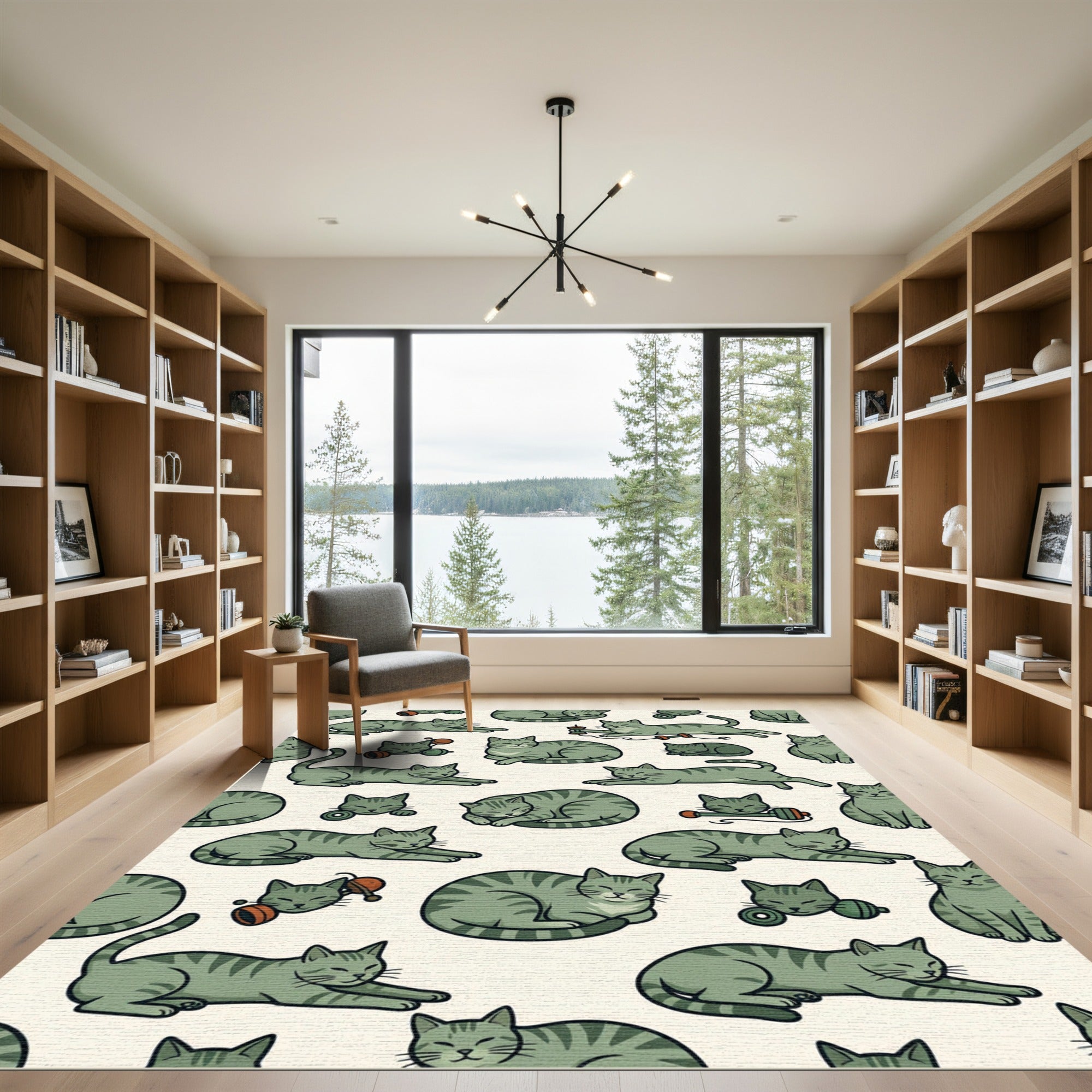 Playful Sage Green Tabby Cat Illustration Rug