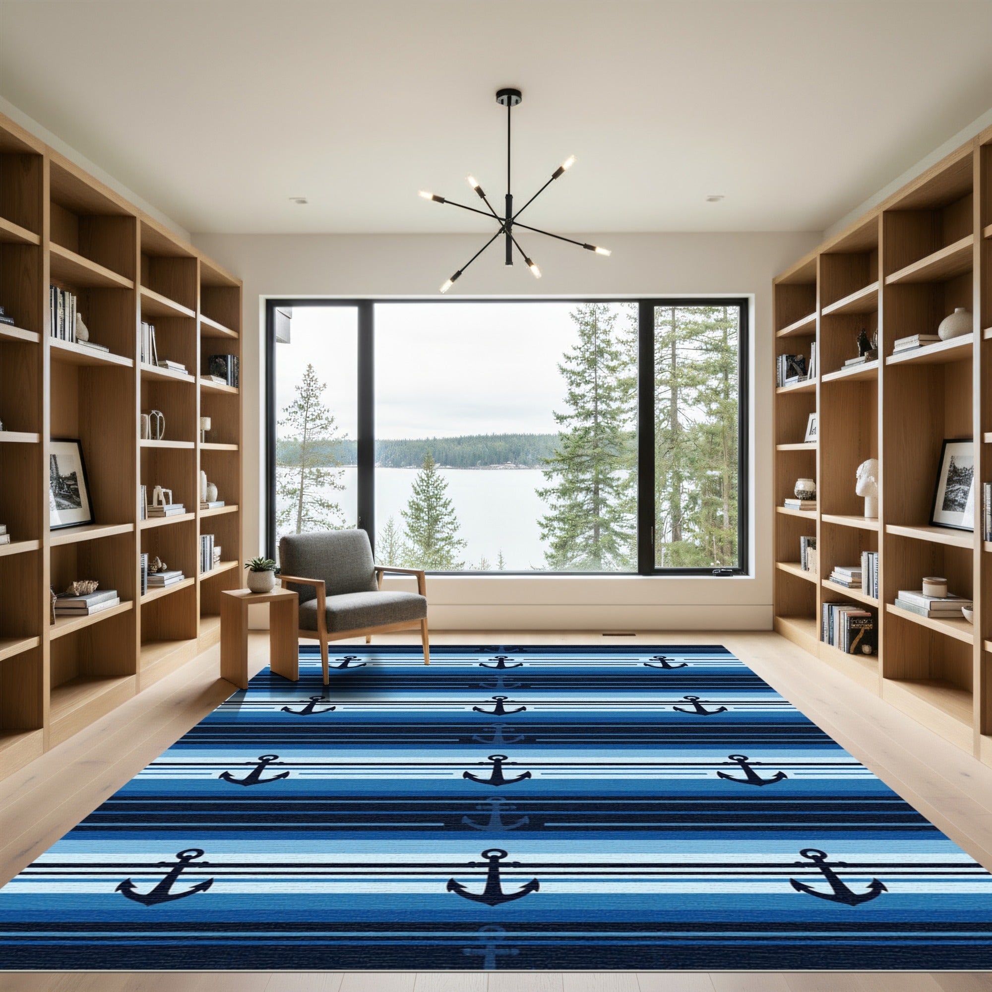 Navy Blue Anchor Striped Nautical Rug