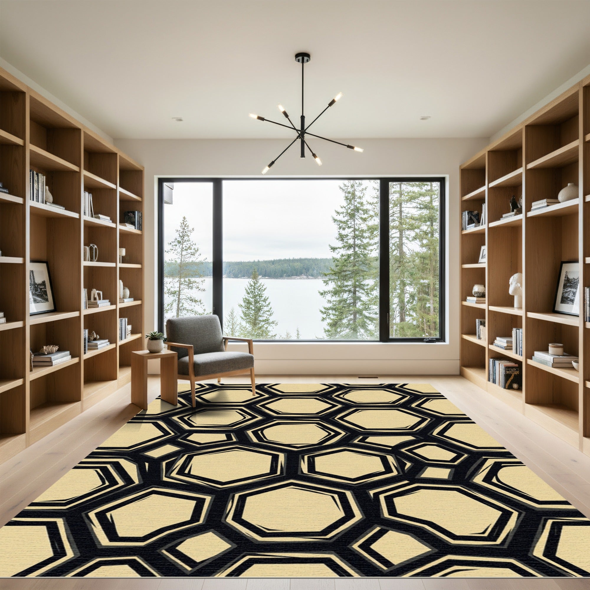 Sophisticated Black and Beige Hexagonal Grid Rug
