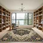 Ornate Golden Floral Emblem Rug