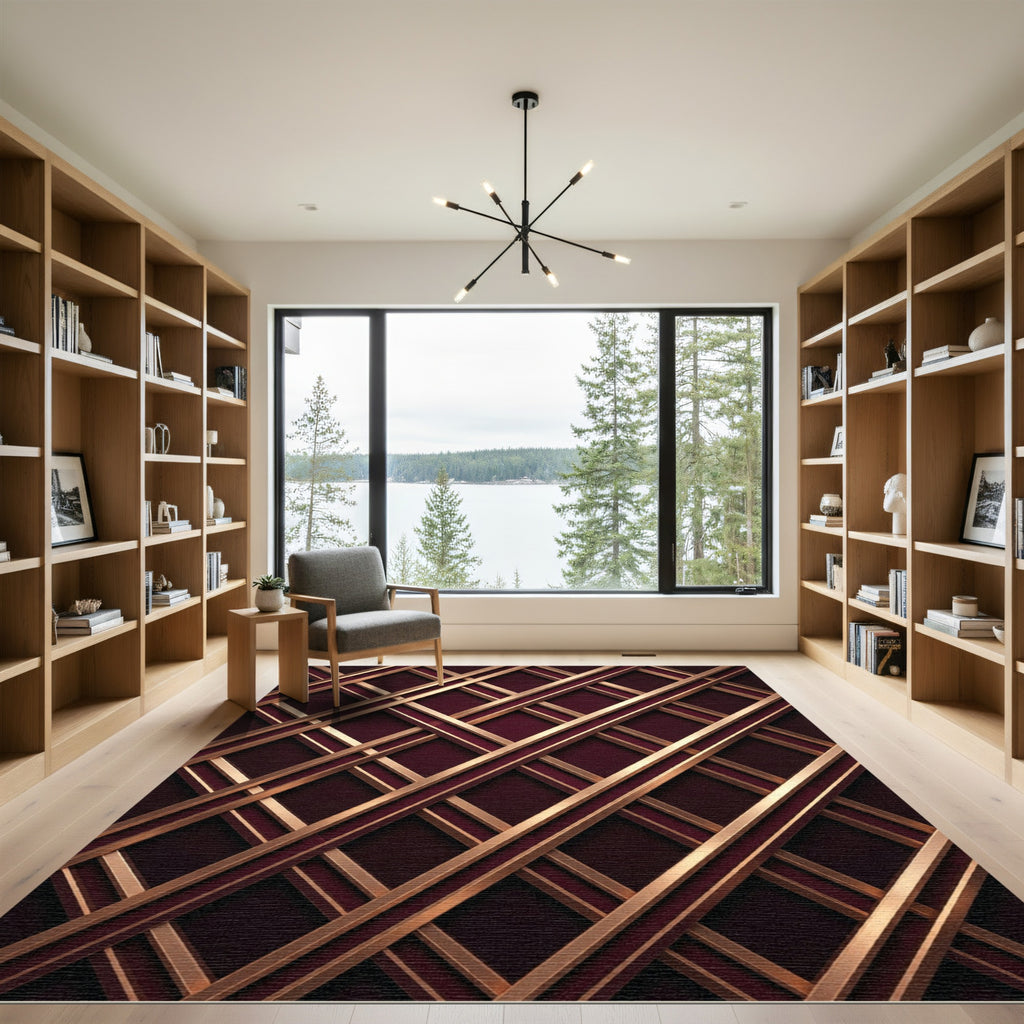 Crimson Gold Geometric Lattice Rug