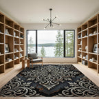 Ornate Silver Damask Medallion Charcoal Rug