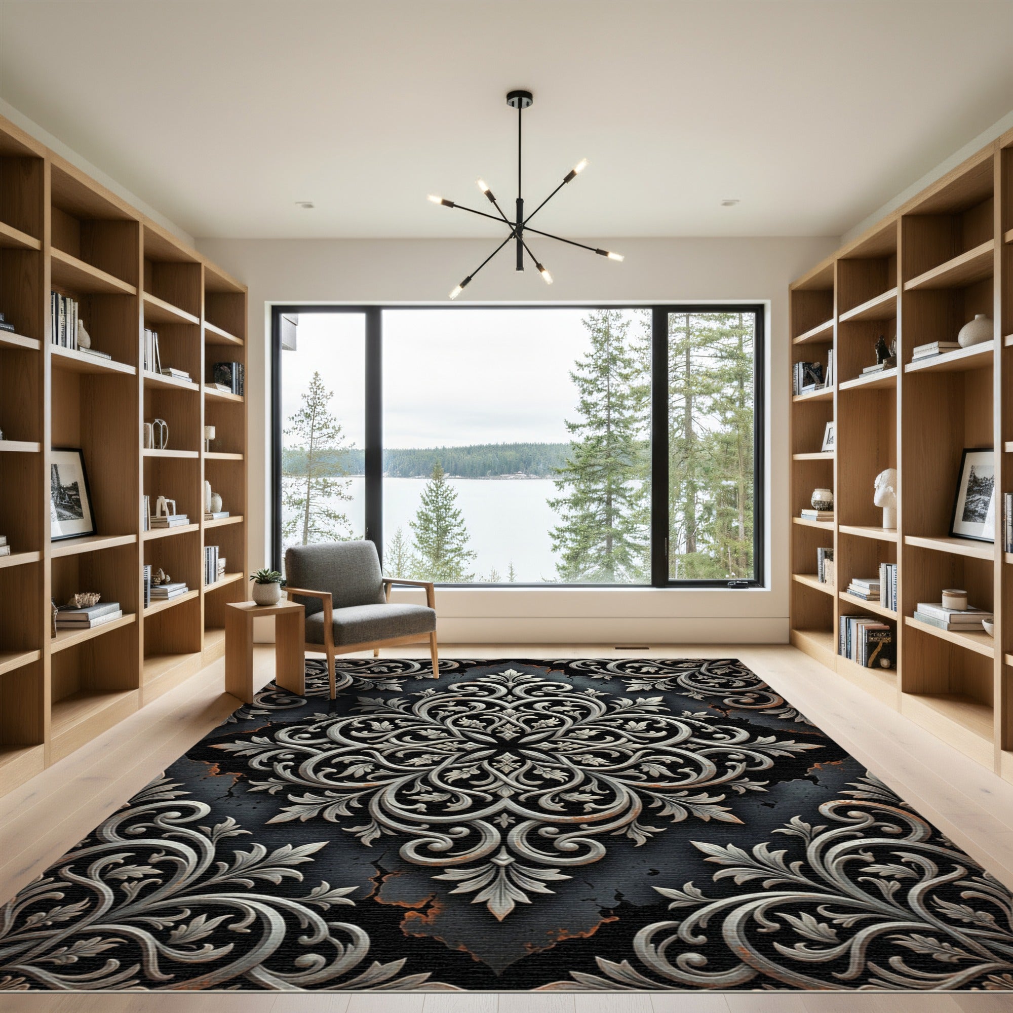 Ornate Silver Damask Medallion Charcoal Rug