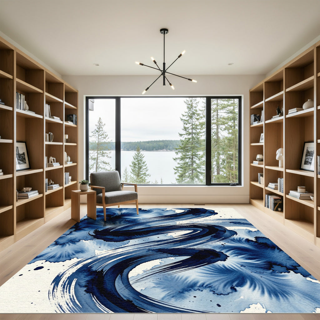 Indigo Abstract Swirl Watercolor Art Rug