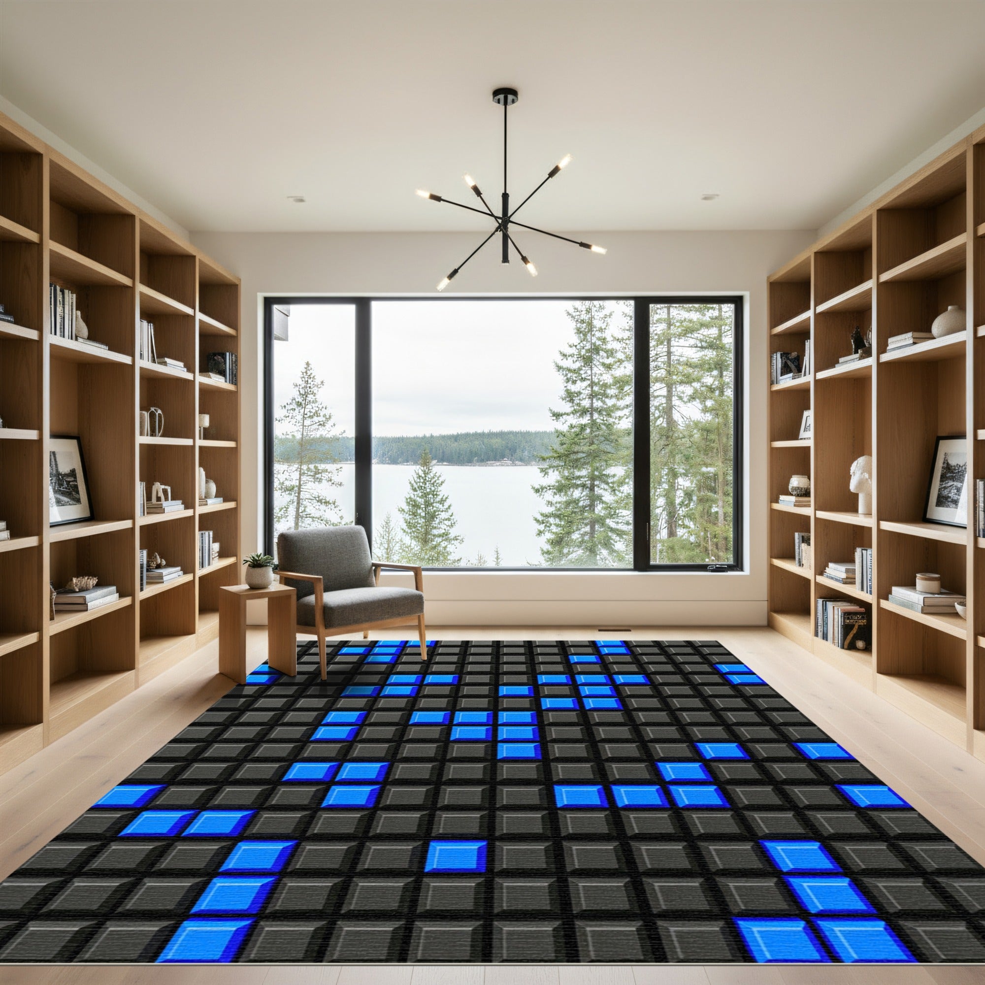 Electric Blue Pixel Grid Block Texture Rug