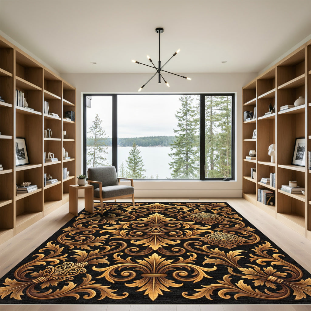 Ornate Gold Scrollwork Fleur-de-lis Rug