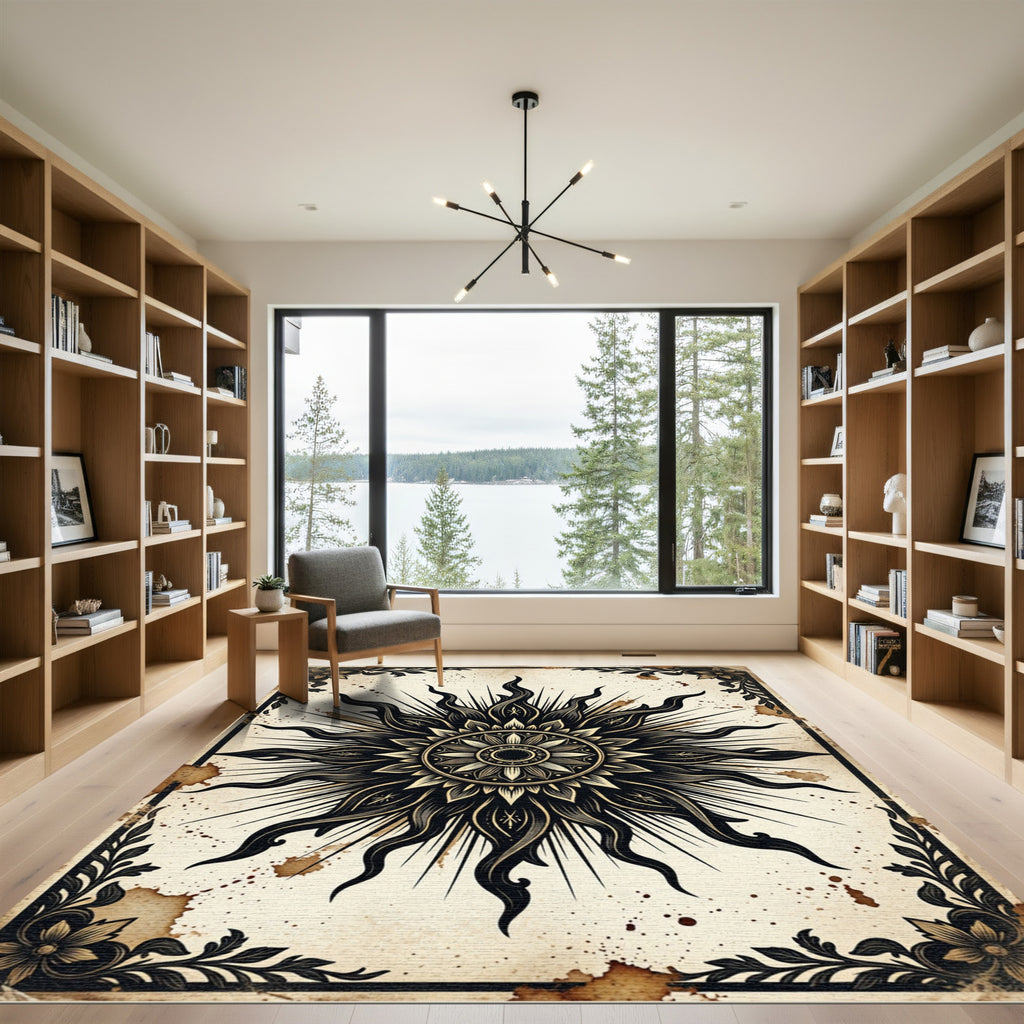 Black Ink Sunburst Celestial Mandala Rug