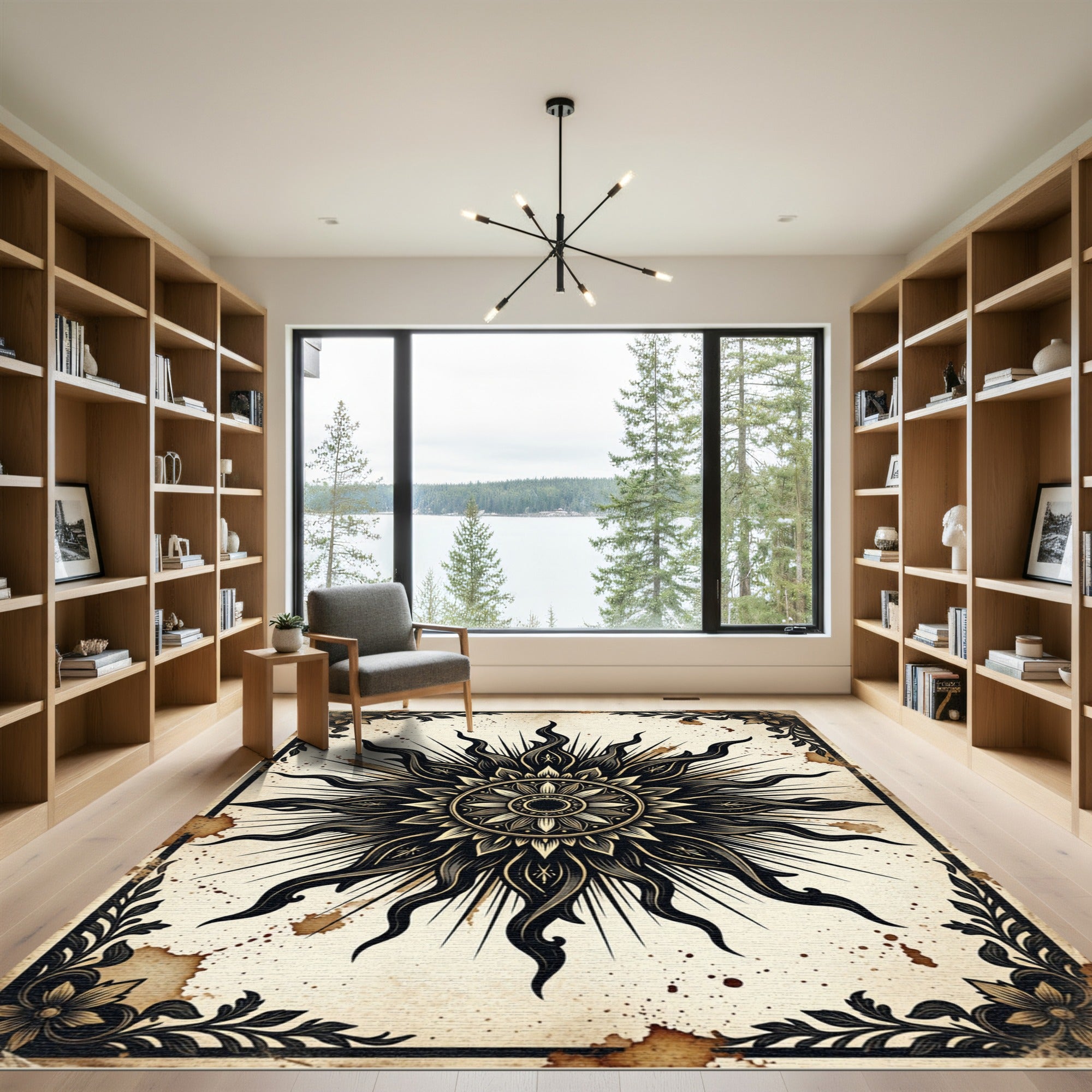 Black Ink Sunburst Celestial Mandala Rug