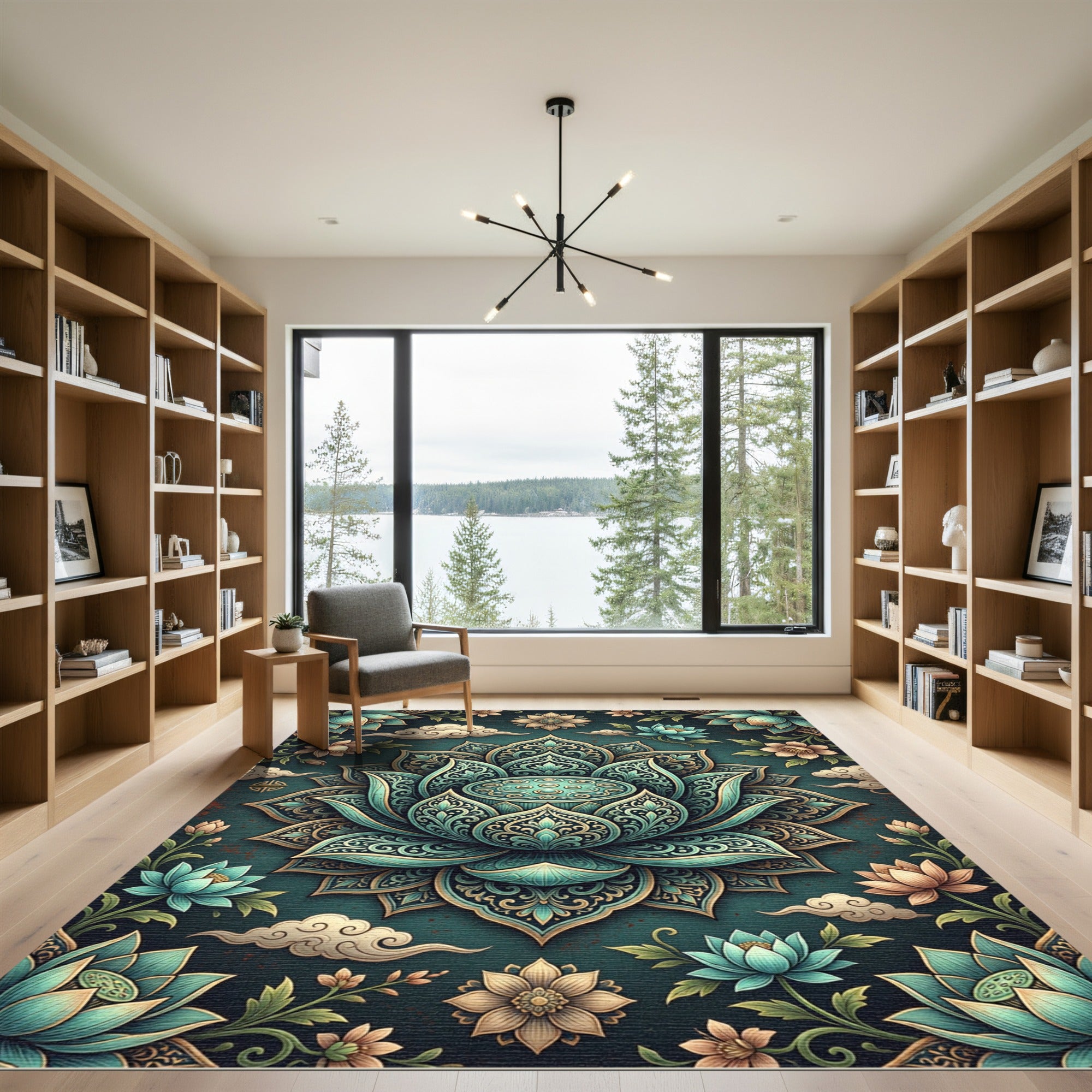 Ornate Teal Lotus Floral Medallion Rug