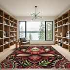 Crimson Lotus Mandala Black Background Rug
