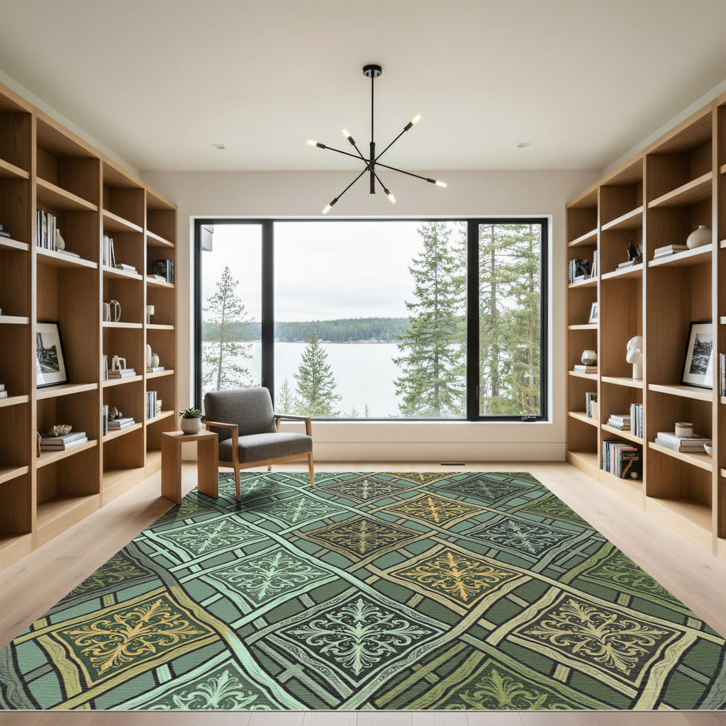 Sage Green Damask Interlocking Lattice Rug