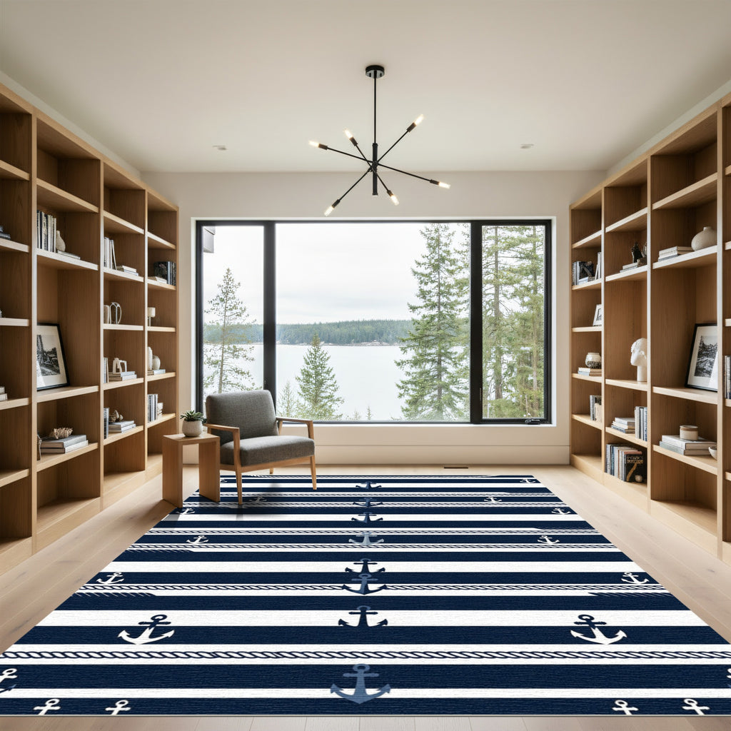 Navy Blue Nautical Striped Anchor Rope Rug