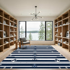 Navy Blue Nautical Striped Anchor Rope Rug
