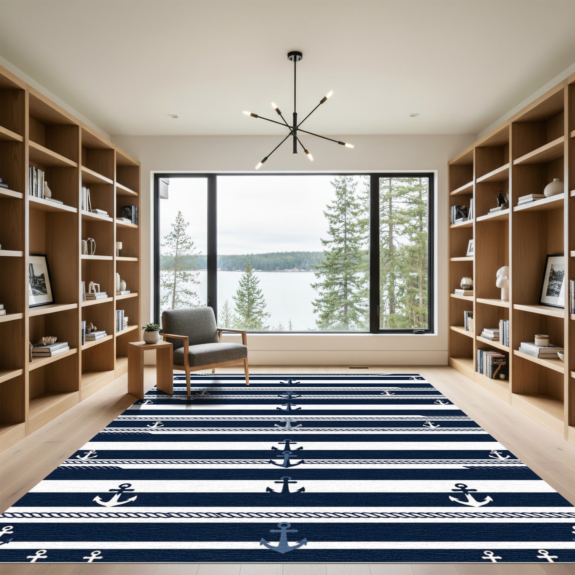 Navy Blue Nautical Striped Anchor Rope Rug