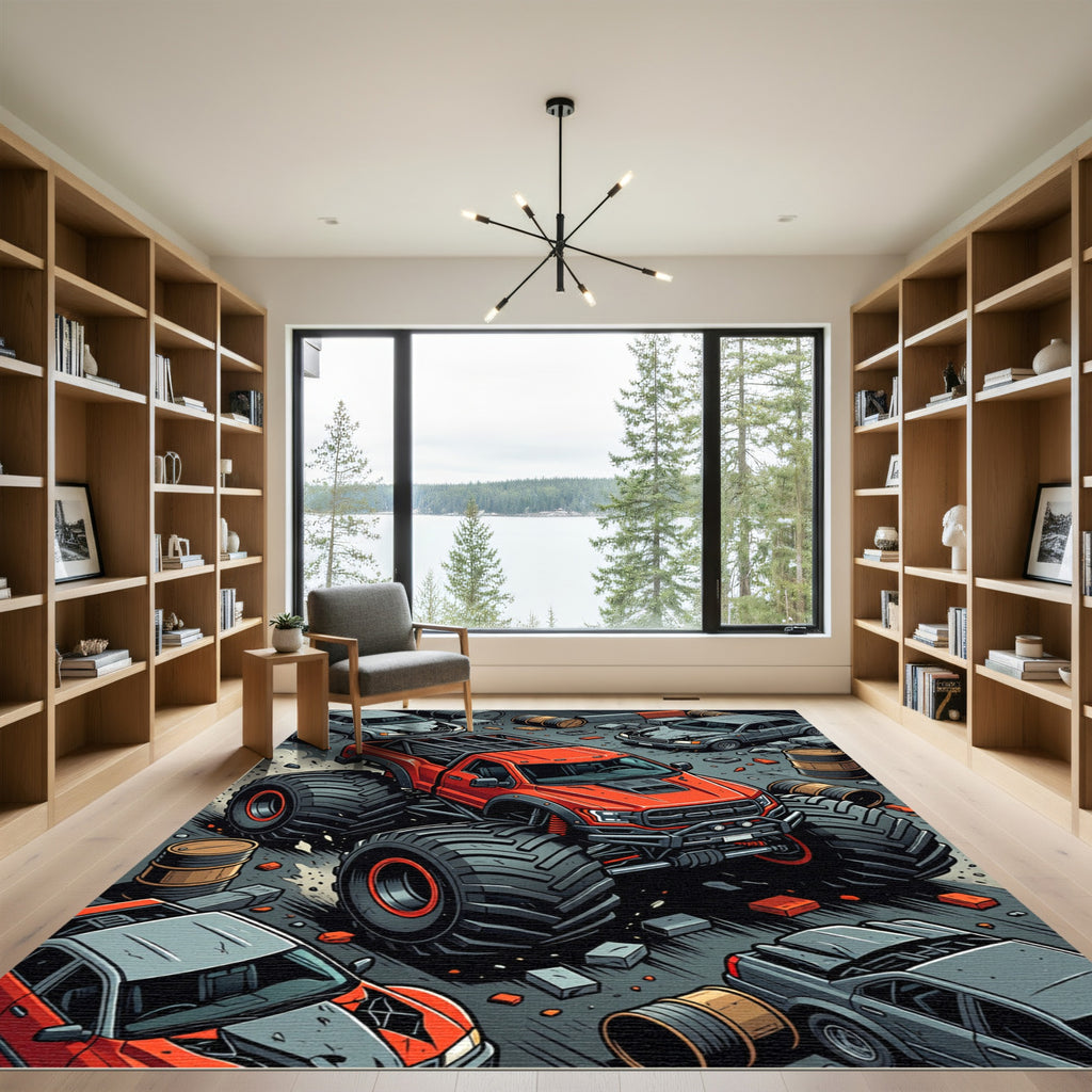 Vibrant Red Monster Truck Action Scene Rug
