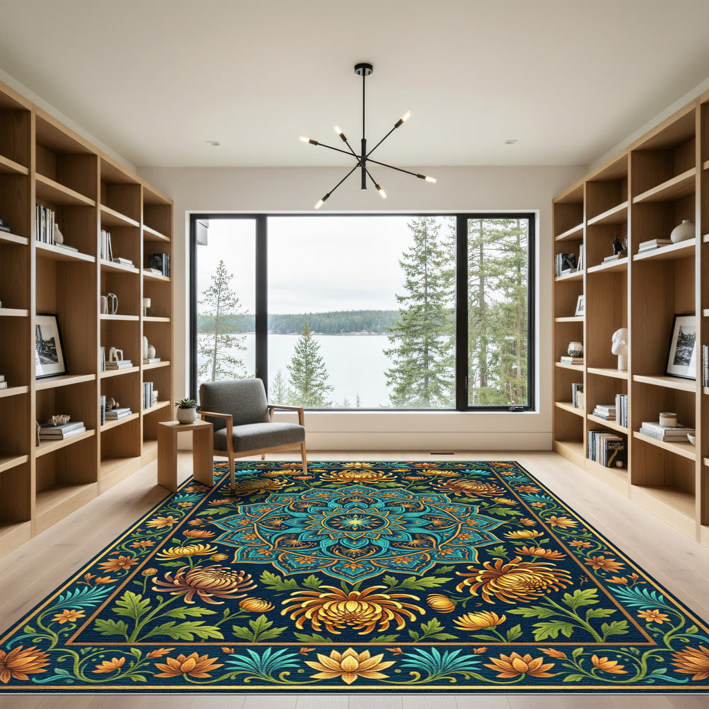 Golden Chrysanthemum Teal Floral Medallion Rug