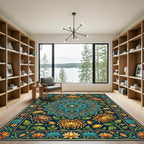 Golden Chrysanthemum Teal Floral Medallion Rug