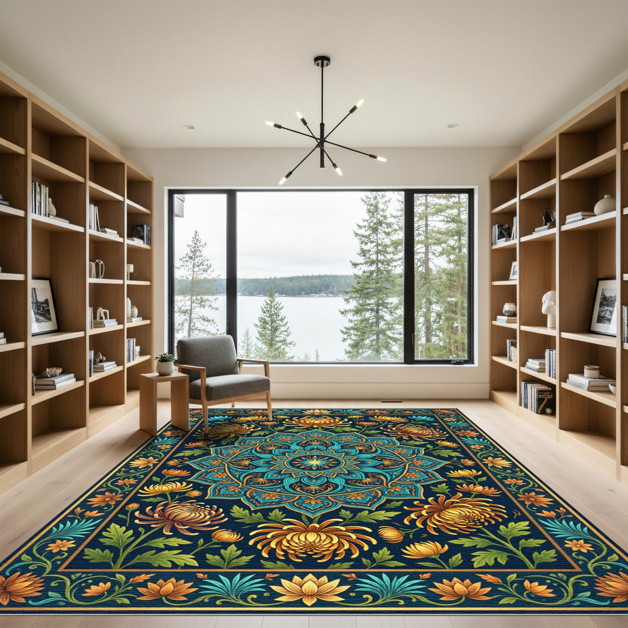 Golden Chrysanthemum Teal Floral Medallion Rug