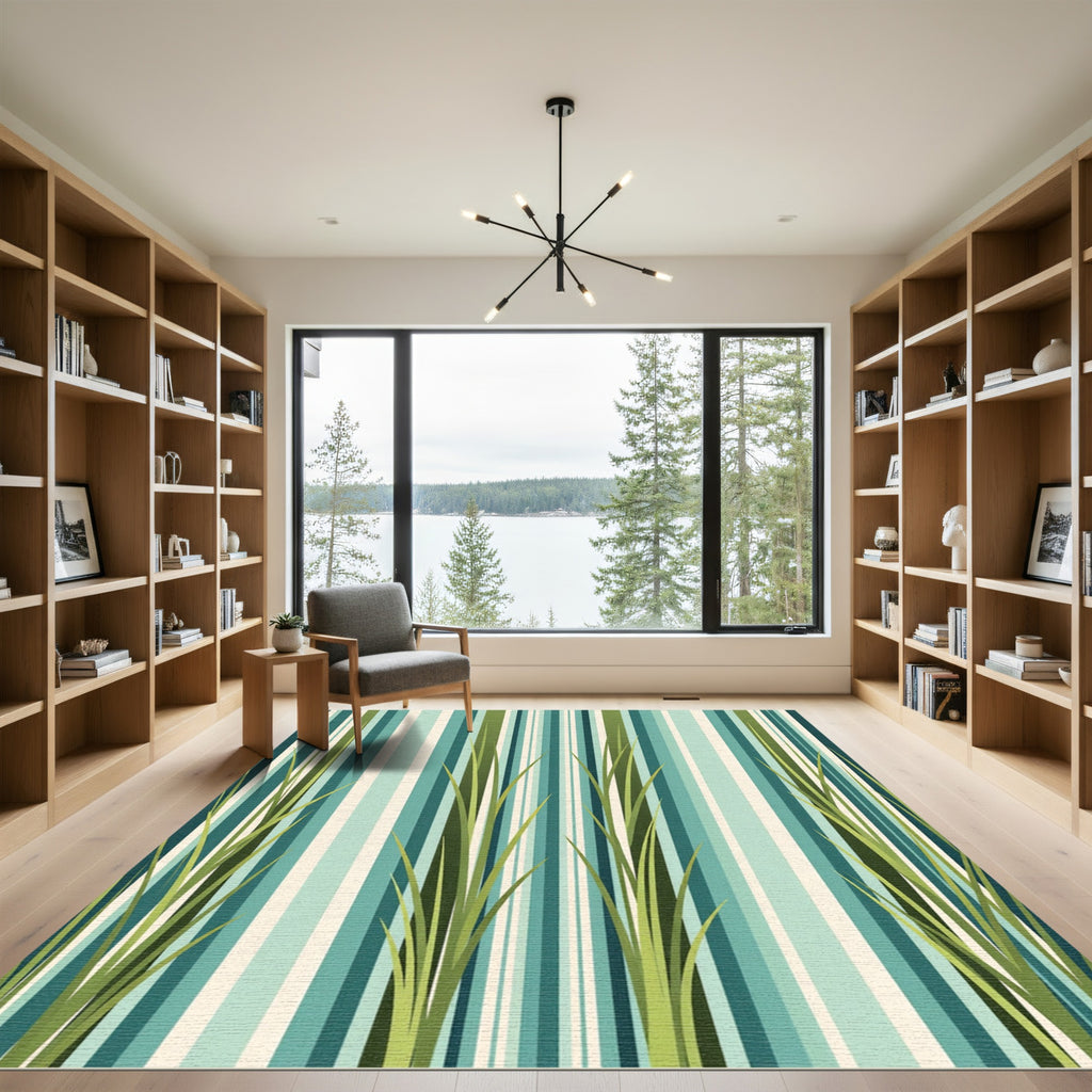 Coastal Green Grassy Stripes Rug